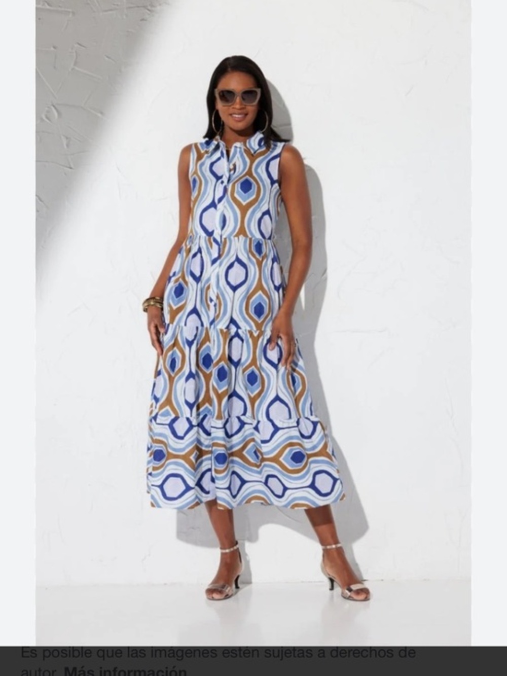 Sleeveless Geometric Print Midi Dress in White, Blue & Tan